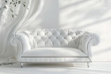 Elegant White Tufted Sofa in a Serene Room with Light Shadows - Furniture Advertisement Banner