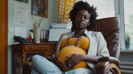 Expectant african-american mother holding belly in a cozy home office setting, casual style, maternity concept. AI - obrazy, fototapety, plakaty