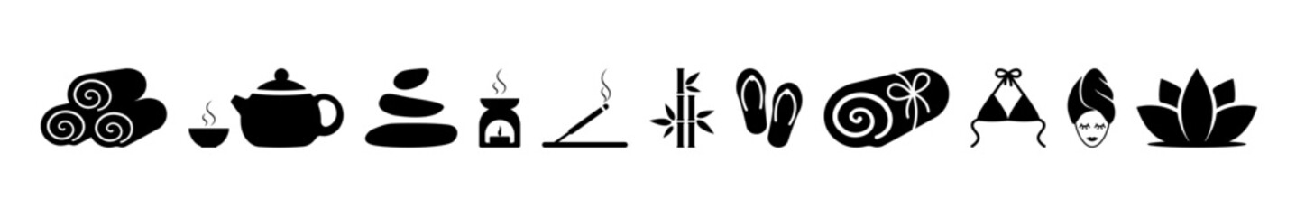 Spa treatments and relaxation icon. Therapeutic towels with aroma lamp and teapot with cup for comfortable and wellness vector procedures