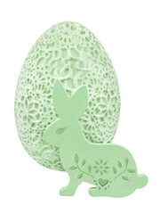 Green wooden Easter Bunny and Egg isolated on white background