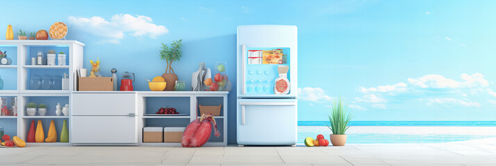 Summer Kitchen with Open Refrigerator Full of Food and Ocean View Banner