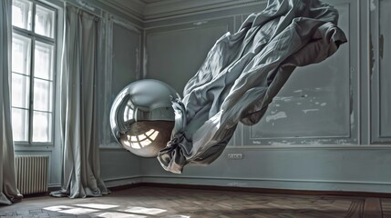 Minimalist, floating organza, silver metal ball  