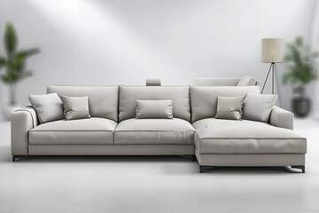 Modern Light Grey Sectional Sofa with Cushions in Minimalist Room White Background Banner