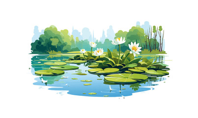 A serene lake with lily pads vector simple 3d isolated illustration - obrazy, fototapety, plakaty