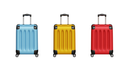 Set of plastic suitcase icons. Concept of summer time, travel vacation, tourism. Travel bag, luggage. Baggage bag for summer vacation. Pack of travel suitcase icons. 3d illustration