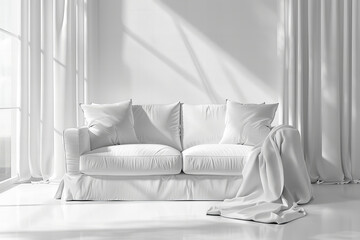 Fototapeta na wymiar Elegant White Sofa with Cushions in a Minimalist Room Interior Banner