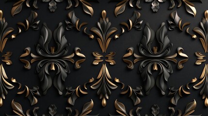 A seamless pattern with metallic silver or gold motifs on a matte black background, creating a striking contrast for luxurious interior design elements. 8k