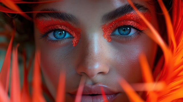 close up portrait fashionable woman wearing pop style make up, summer bright red fashion background,  Generative Ai