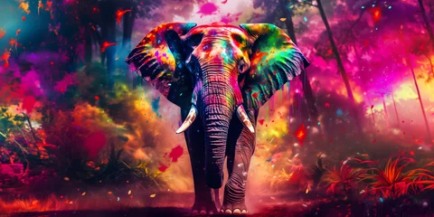 Foto op Aluminium elephant in holi colors against bright colorful jungle background, multicolored explosions of holi colors, holi festival © Svitlana Sylenko