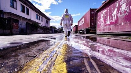 worker in a protective suit, surrounded by a spill of liquid from a truck, F 