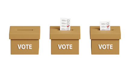 Set of voting box icons. Voting, going to vote, citizen participation in voting. Putting votes in ballot box, elections and democracy concept. 3d illustration