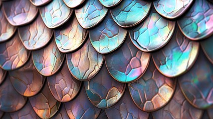 A seamless, elegant texture of iridescent fish scales, with each scale reflecting light differently - obrazy, fototapety, plakaty