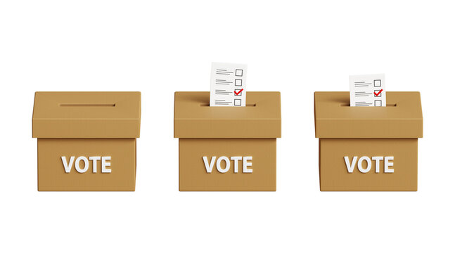 Set of voting box icons. Voting, going to vote, citizen participation in voting. Putting votes in ballot box, elections and democracy concept. 3d illustration