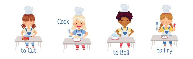Children Cooking in Kitchen Demonstrate Action Verb Vector Set