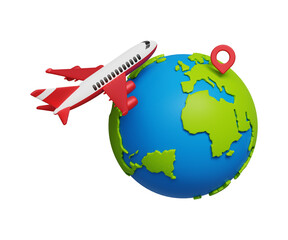 Travel destination icon. Travelling around the world. Summer vacation, trip in various country, travel pin location on a global map. 3D globe with destination pin and aeroplane. 3d illustration