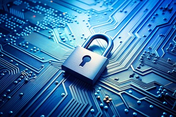 An illustration depicting the concept of secure connections and cybersecurity services: a close-up of a computer motherboard with a lock symbol, accompanied by login credentials and verified connectio