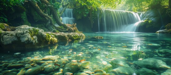 A stunning waterfall cascades in the heart of a jungle river, surrounded by lush green plants and natural landscapes - obrazy, fototapety, plakaty
