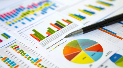 Fototapeta premium detailed financial report with colorful pie charts, bar graphs, and data analysis with a pen pointing to a specific area of the chart.