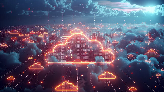 A visual metaphor for cloud computing, with interconnected network nodes and data flowing between glowing digital clouds against a twilight sky.