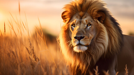 A Mesmerizing Capture of a Majestic Lion in the Golden Savannah at Sunset