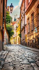 Charming Old Town Alley: Sunlit Cobblestone Street with Historic Buildings in Warm, Inviting Colors, Embodying European Elegance and History