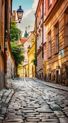 Zelfklevend Fotobehang Smal steegje Charming Old Town Alley: Sunlit Cobblestone Street with Historic Buildings in Warm, Inviting Colors, Embodying European Elegance and History