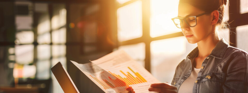 professional woman analyzing financial documents or charts in a sunlit office environment, with a laptop open in front of her.