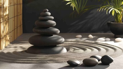 Zen Garden with Raked Sand and Stones for Tranquil Meditation Spaces
