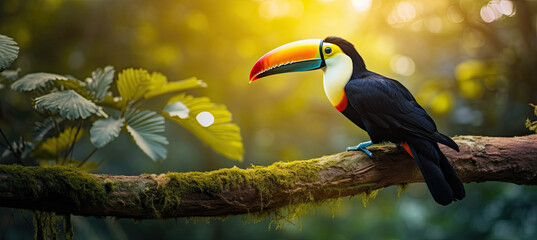 Toucan sitting on the branch in the forest - obrazy, fototapety, plakaty