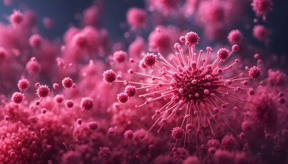 Fototapeta premium Abstract pathogen illustration. Microscopic view. Infection, disease microbiology concept. Fungal, mold, mushroom, spore, yeast, bacteria, yeast image. 3d rendered style of SEM (TEM).