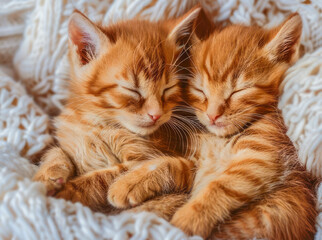 Cute ginger kittens sleeping together on white knitted plaid.