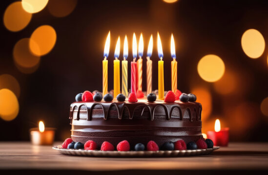Birthday cake with burning candles on bokeh background
