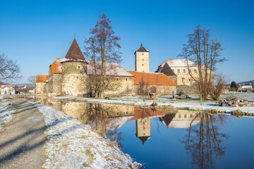 Svihov castle in winter, medieval landmark in Region Pilsen in Czech Republic, Europe.