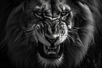 Close-up of the head of an aggressive lion ready to attack. Wild animal in monochrome style. Illustration for cover, card, postcard, interior design, banner, poster, brochure or presentation