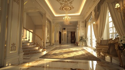 Elegant royal styled hall interior design , golden furniture and walls