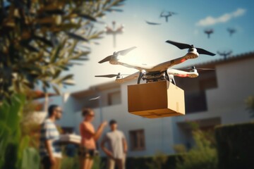 Smart package Drone Delivery parcel delivery route optimization. Parcel drone delivery box construction site mapping drone shipping. Logistic tech industry mobility delivery software - obrazy, fototapety, plakaty