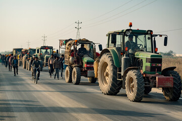 farmers' strike on the road, farmers strike on the road, tractors and people on the road, generative ai
