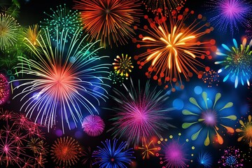 Naklejka premium Colorful fireworks on black background, in the style of multidimensional layers, vivid color schemes, transparency and opacity, pattern designs, light and color effects, holiday celebration.