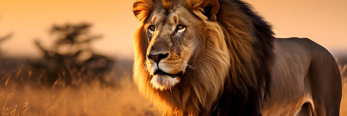 Obraz premium A Mesmerizing Capture of a Majestic Lion in the Golden Savannah at Sunset