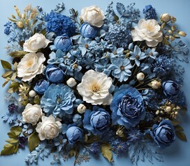 Flowers composition. Blue hydrangea and roses on blue background. Flat lay, top view
