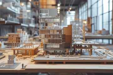 Detailed Model of a Skyscraper on a Wooden Table, Hybrid view of an architectural model of a future building intermingled with actual construction site, AI Generated