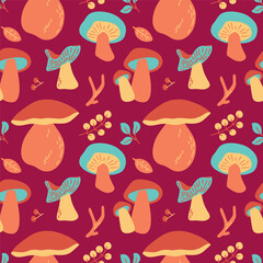 Seamless pattern with edible and inedible mushrooms, leaves, branches, berries. Autumn forest. This vector illustration is ideal for use in fabric, wrapping, textiles, wallpaper, and apparel design.