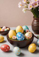 Fototapeta na wymiar Colorful Easter eggs on a plate on the table, beautiful flowers, minimalistic style, on a simple background