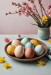 Colorful Easter eggs on a plate on the table, beautiful flowers, minimalistic style, on a simple background