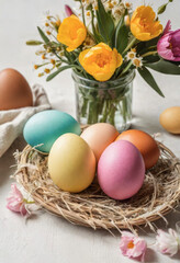 Colorful Easter eggs in a basket on a table, beautiful flowers, minimalistic style, on a simple background
