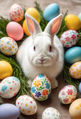 Fototapeta na wymiar cute white bunny holding a painted colored patterns Easter egg in paws, flower background