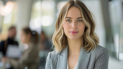 Obraz premium A young professional woman with blonde hair, wearing a grey blazer, is smiling subtly at the camera in a well-lit office setting.