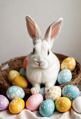 Fototapeta na wymiar cute white bunny holding a painted colored patterns Easter egg in paws