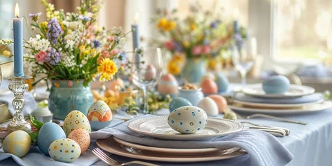  Easter table setting, easter eggs and flowers decoration, closeup view © Rawf8