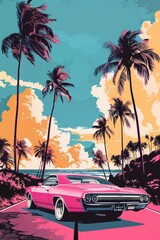 Abstract Retro Vintage Pink Classic Car Poster / Wallpaper - Tropical Paradise Beach Travel Theme